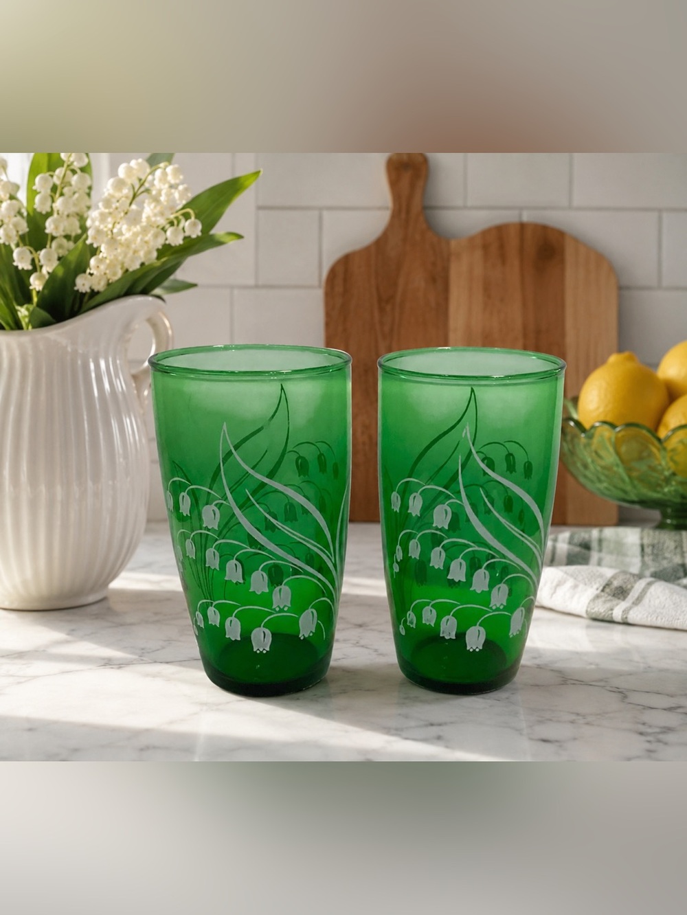 Vintage Anchor Hocking Green Lily of the Valley Tumblers Set of 2 Retro Glasses - Picture 2 of 4